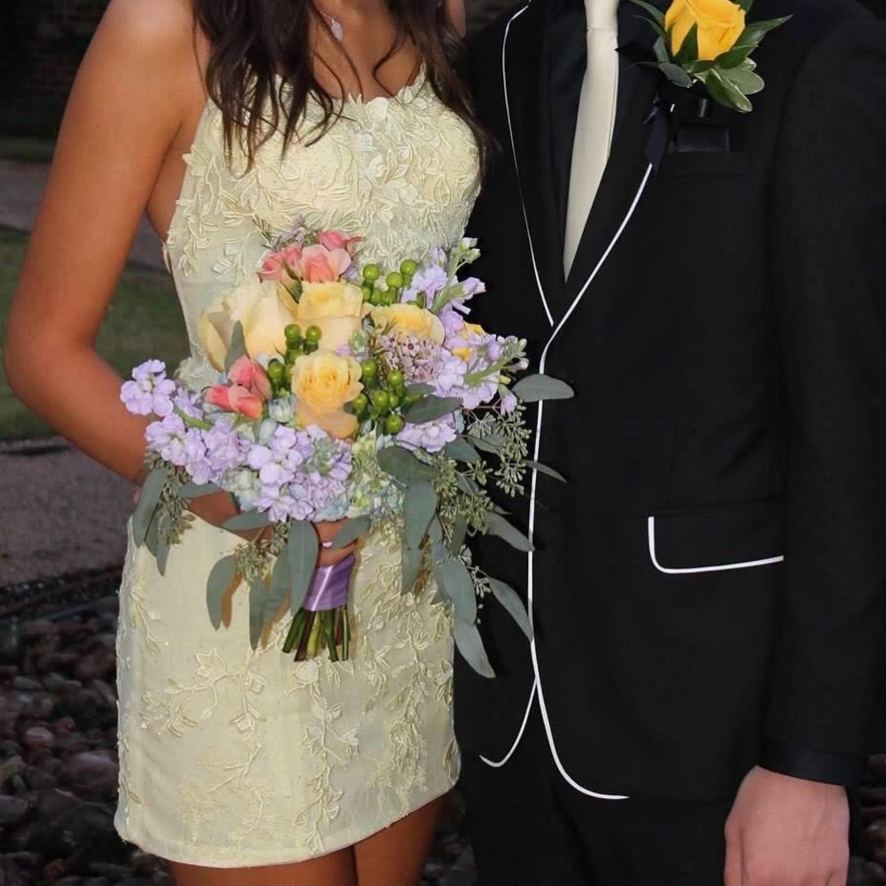 Sherri Hill Yellow Lace Homecoming Dress